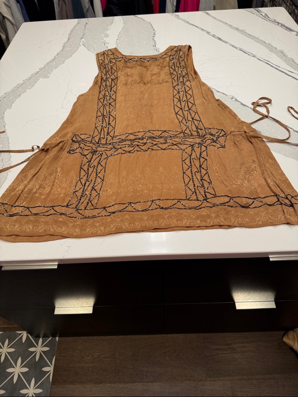 Free People Coffee Colored Beaded Tie-Side Mini Dress Summer Wedding Stunning - Picture 8 of 11